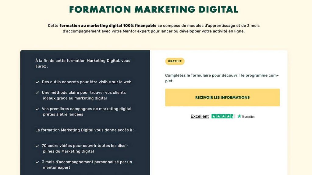 Formation marketing digital LiveMentor avec programme, accompagnement par un mentor et financement
