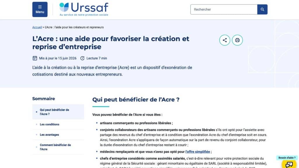 la page Urssaf dédiée à l'ACRE.