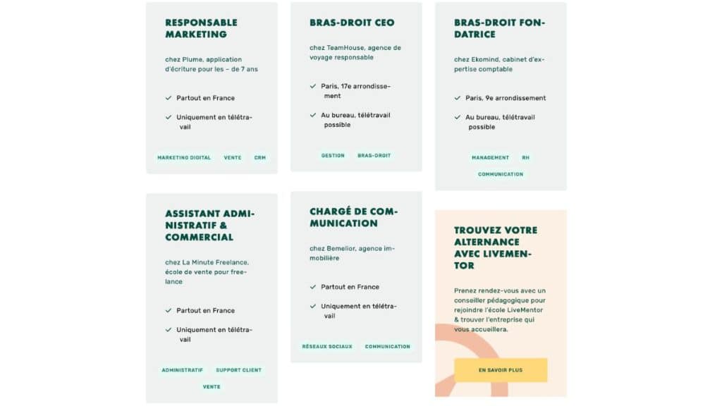 Exemples d'offres d'entreprises d'accueil proposées aux alternants LiveMentor (marketing, business development, communication)
Titre : Offres d'entreprises d'accueil pour l'alternance LiveMentor