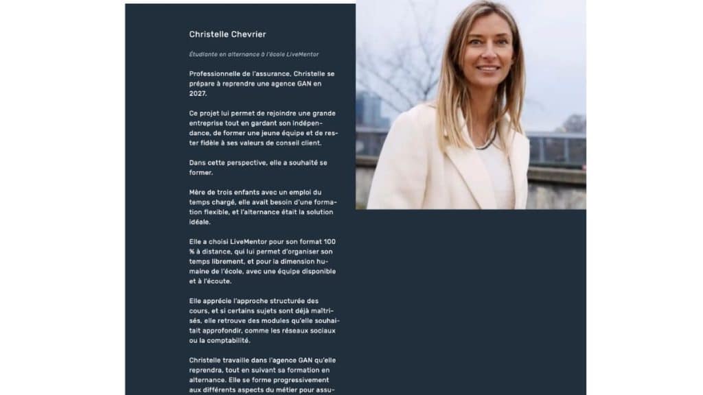 Christelle Chevrier, professionnelle de l'assurance, formation en alternance à distance chez LiveMentor
Titre : Témoignage de Christelle Chevrier, alternance à distance chez LiveMentor