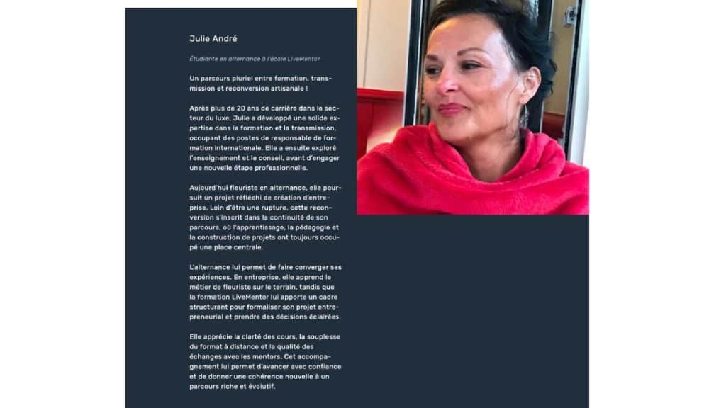 Julie André, ancienne professionnelle du secteur du luxe reconvertie en fleuriste en alternance chez LiveMentor Titre : Témoignage de Julie André, reconversion en alternance chez LiveMentor