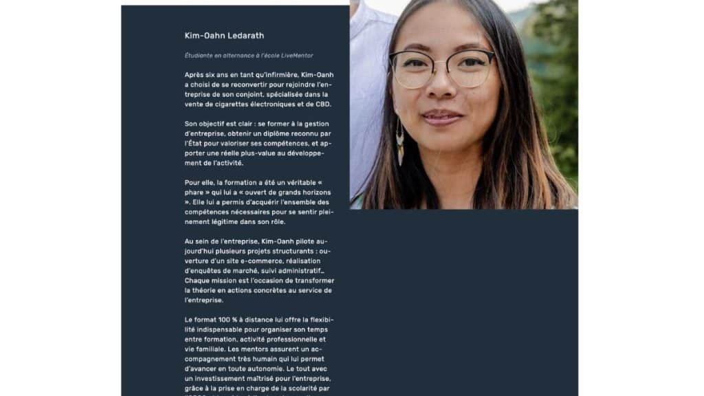Kim-Oahn Ledarath, ancienne infirmière reconvertie en gestion d'entreprise en alternance chez LiveMentor
Titre : Témoignage de Kim-Oahn Ledarath, reconversion en alternance chez LiveMentor