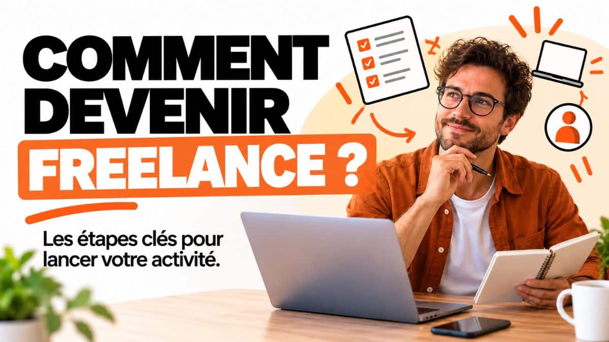 Bannière rectangulaire sur fond clair montrant un homme assis à un bureau avec un ordinateur portable et un carnet, entouré de pictogrammes liés au travail indépendant.